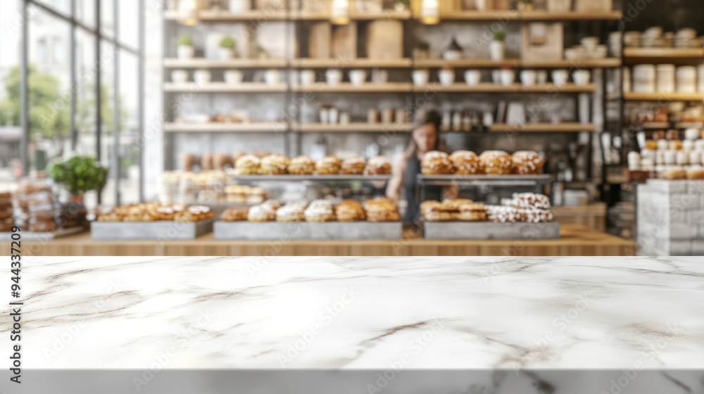 Blurred white marble counter in front of a blurred bakery shop interior showing customers, pastries and shelves displaying products with a background banner leaving space for copy. Display montage. Blurred white marble counter in front of a blurred bakery shop interior showing customers, pastries and shelves displaying products with a background banner leaving space for copy. Display montage.