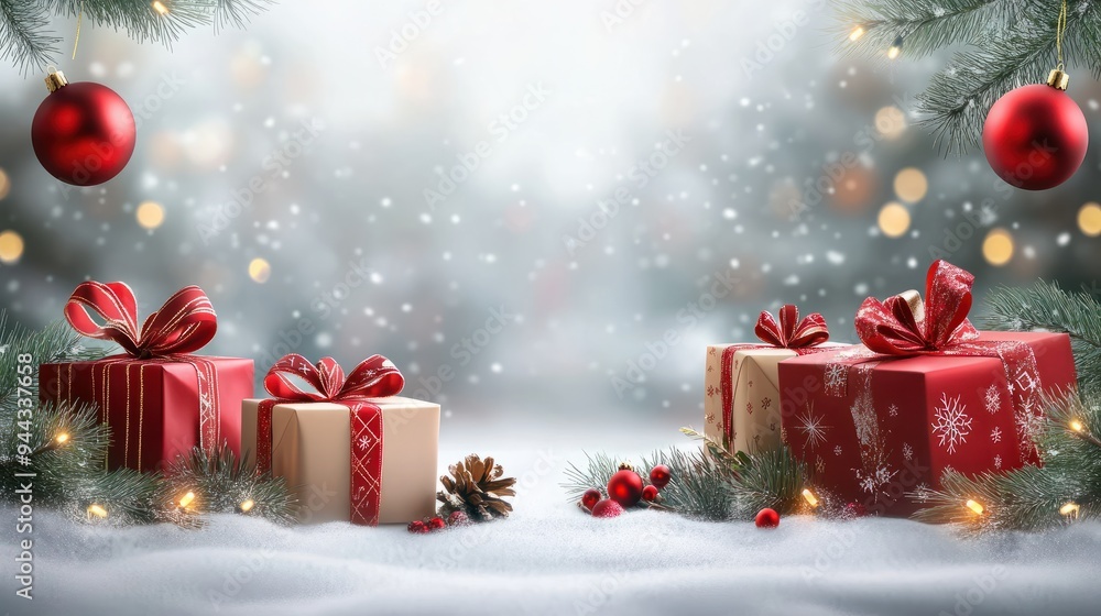 Christmas background with christmas baubles, gifts decoration - Xmas theme Christmas background with christmas baubles, gifts decoration - Xmas theme