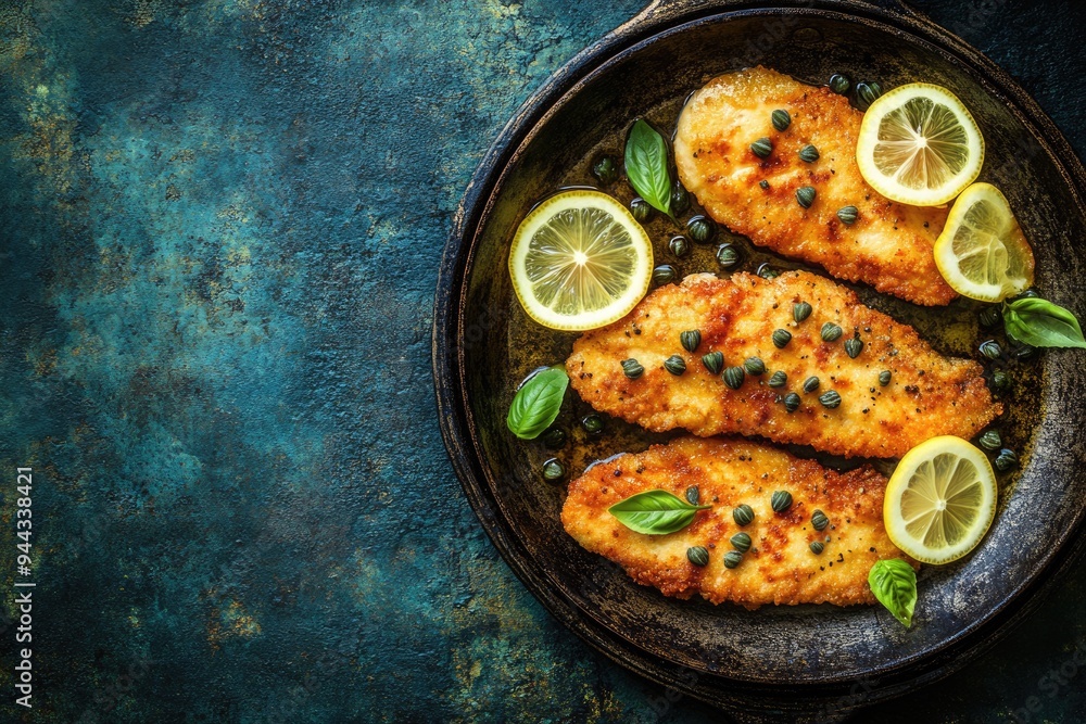Lemon Caper Chicken. Traditional Italian Chicken Piccata with Caper and Lemon Slices in Rustic Pan Lemon Caper Chicken. Traditional Italian Chicken Piccata with Caper and Lemon Slices in Rustic Pan