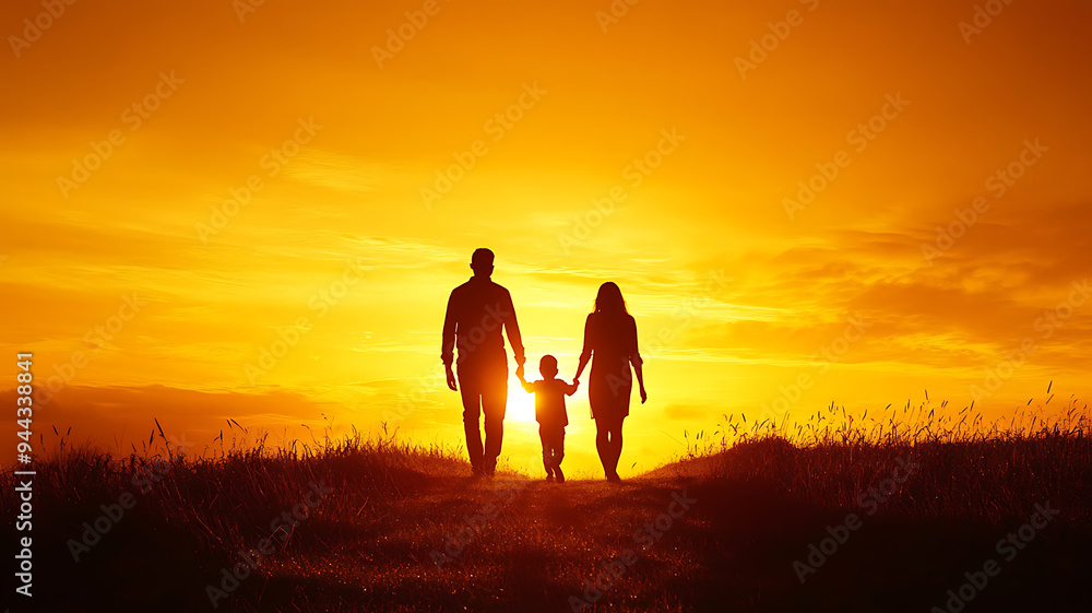 Parents and their child walking hand-in-hand, silhouetted against a sunset, representing love, connection, and family values, set against a natural, serene background. Parents and their child walking hand-in-hand, silhouetted against a sunset, representing love, connection, and family values, set against a natural, serene background.