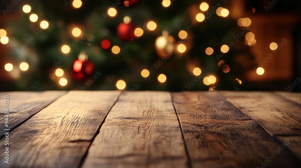 Empty wooden table with christmas theme in background Empty wooden table with christmas theme in background
