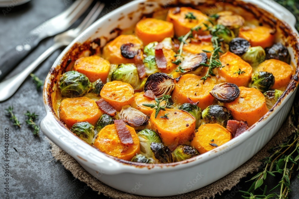 Sweet Potatoes Brussel Sprouts. Casserole with Bacon, Cheese and Healthy Vegetables Sweet Potatoes Brussel Sprouts. Casserole with Bacon, Cheese and Healthy Vegetables