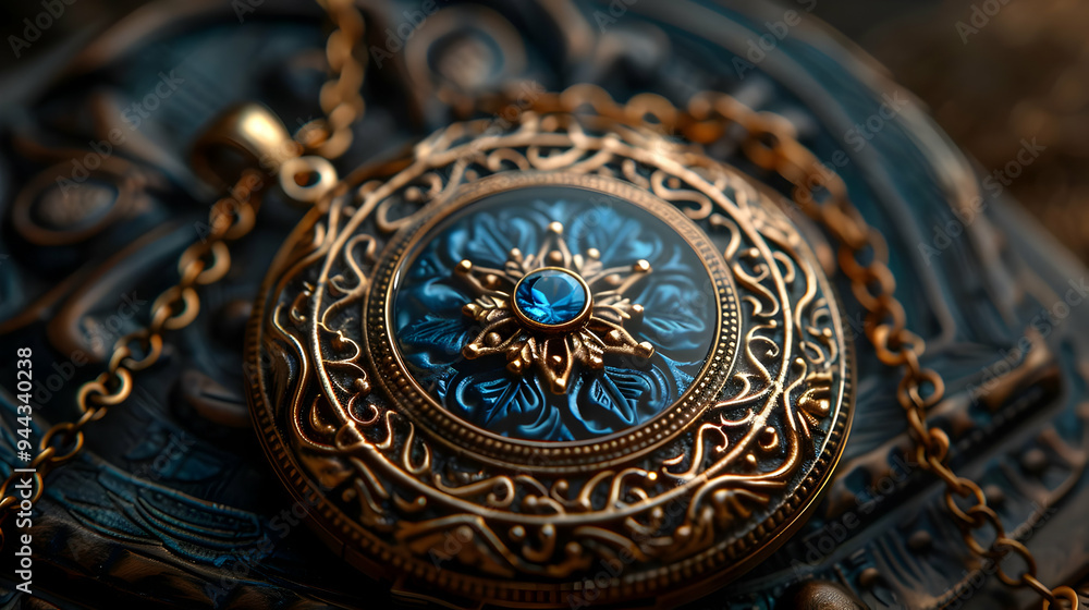 Obraz premium Intricate Gold Pendant with Blue Gemstone Illustration