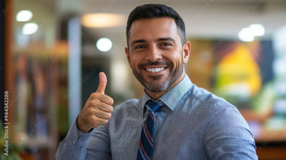 Naklejka premium Latino adult man gives a thumbs up, sales concept, sales consultant, automotive, real estate, working, tie, dress shirt