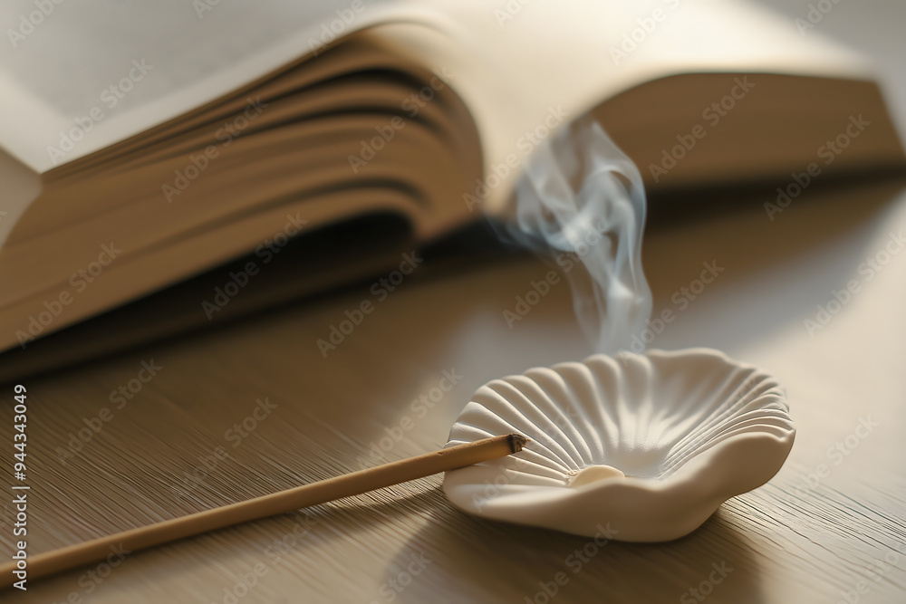 Close-Up of Incense Stick with Smoke on Clay Seashell Sculpture Close-Up of Incense Stick with Smoke on Clay Seashell Sculpture