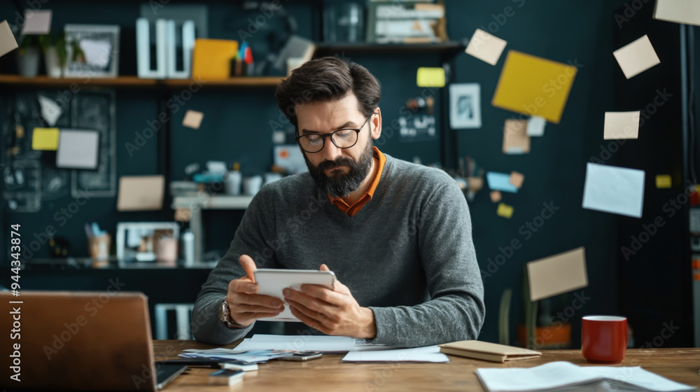 Man with glasses and beard working on tablet in creative office with floating papers, shelves, and laptop. Man with glasses and beard working on tablet in creative office with floating papers, shelves, and laptop.