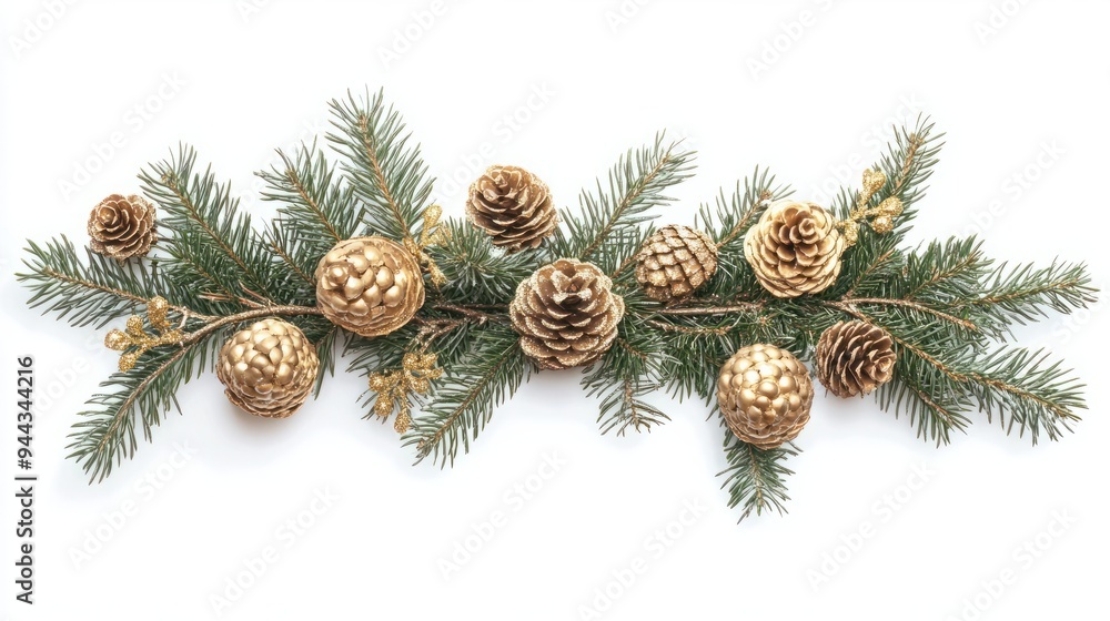 Spruce branches and golden pine cones christmas decoration isolated on white background Spruce branches and golden pine cones christmas decoration isolated on white background