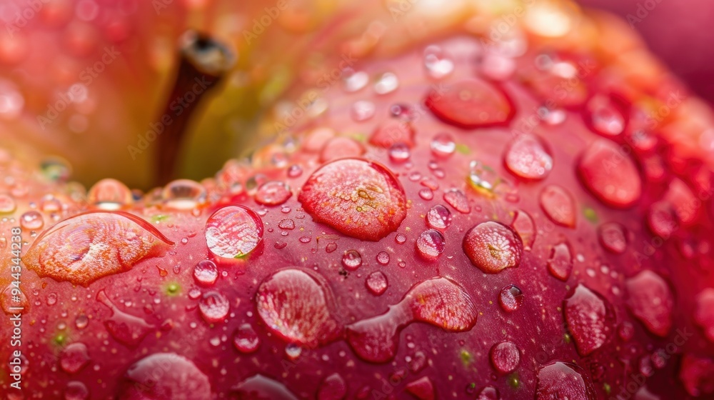 Closeup macro view of fresh red apple with water drops Closeup macro view of fresh red apple with water drops