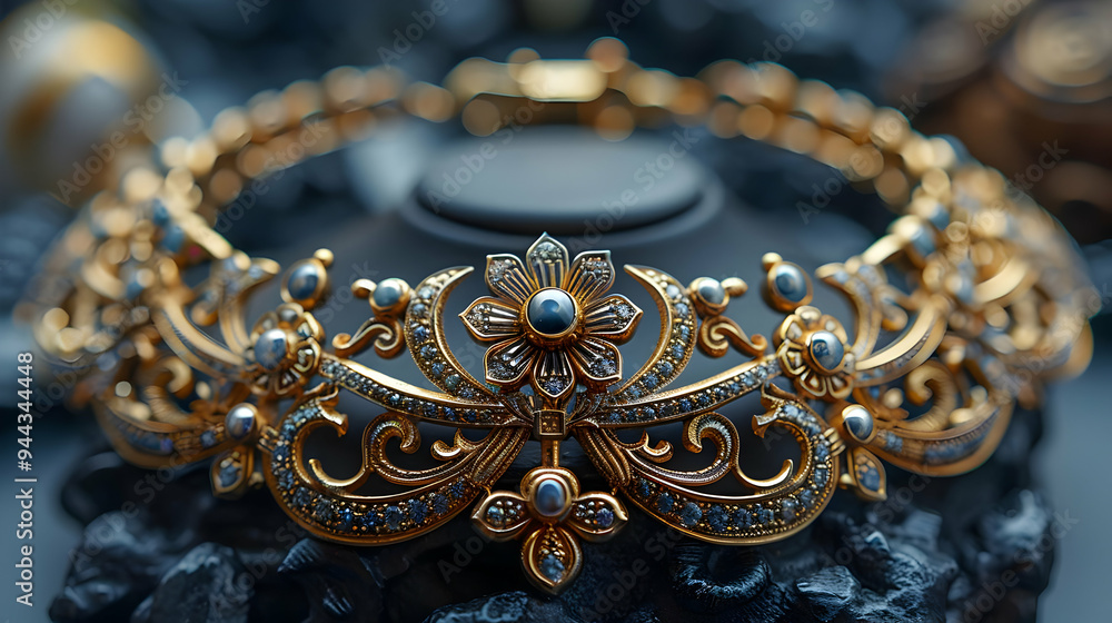 Ornate Gold Bracelet with Blue Gemstones and Diamond Accents - Realistic Image Ornate Gold Bracelet with Blue Gemstones and Diamond Accents - Realistic Image
