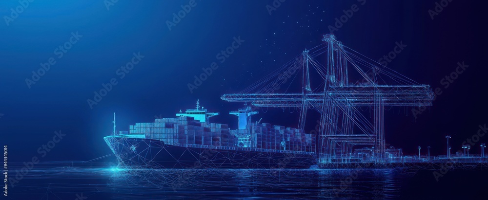 Trade port low poly wireframe banner template. Digital 3D cargo ship ...