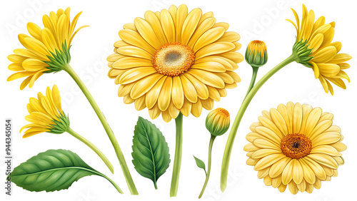 Floral clipart set: yellow gerbera flowers and buds. Botanical illustration is perfect for invitations, post designs, prints, packaging and more.
