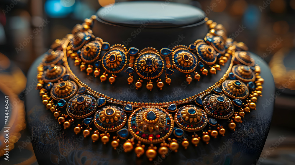Ornate Gold and Blue Necklace with Blue Gemstones - Jewelry Closeup Ornate Gold and Blue Necklace with Blue Gemstones - Jewelry Closeup