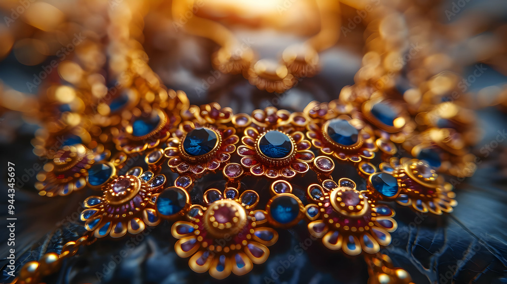 Closeup of Gold Necklace with Blue Gemstones and Purple Accents - Illustration Closeup of Gold Necklace with Blue Gemstones and Purple Accents - Illustration