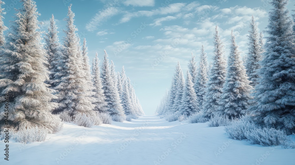 Obraz premium Winter scene with snowy trees creating a holiday themed copy space image perfect for Christmas and New Year greetings