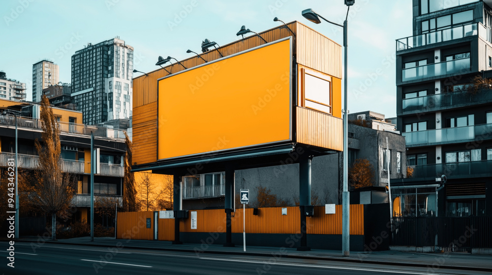 Empty billboard on an orange building in an urban area with modern high-rise buildings and street lights. Empty billboard on an orange building in an urban area with modern high-rise buildings and street lights.