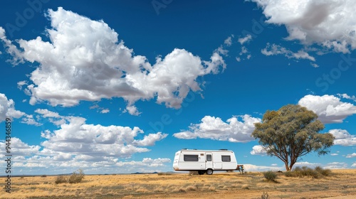 A solitary caravan under a vast blue sky with scattered clouds and an isolated tree in a barren landscape.