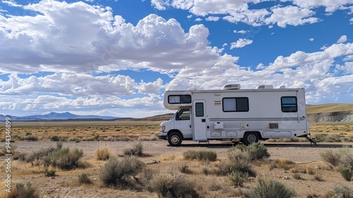 A motorhome parked in a remote desert landscape under a bright blue sky with scattered clouds.