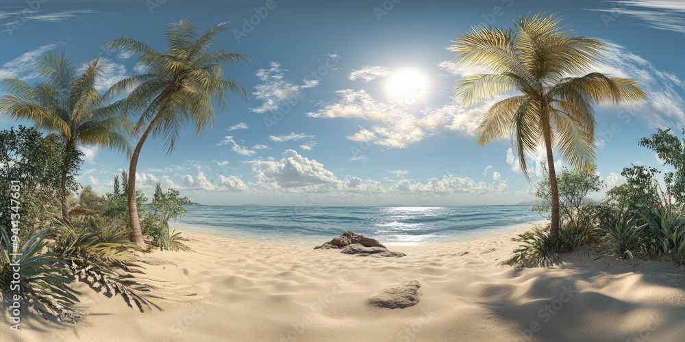 Obraz premium Beach HDRI. Panoramic HDR Environment Map of Oasis Desert Landscape with Sandy Beach and Ocean View