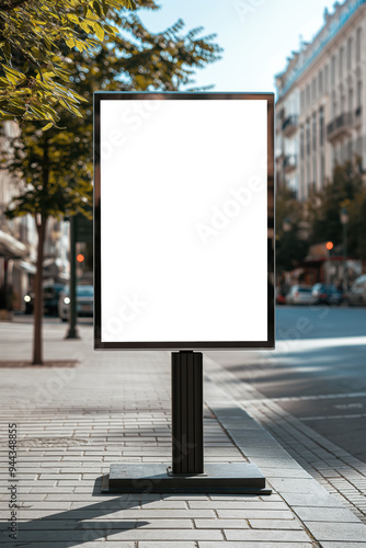 A large white billboard is standing on a sidewalk in front of a tree, Mockups, Transparent PNG