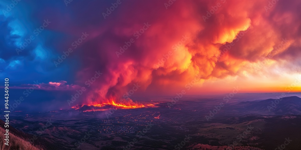 Obraz premium Colorado Wildfire. Marshall Fire at Night - Red Flames and Smoke Illuminate the Sky