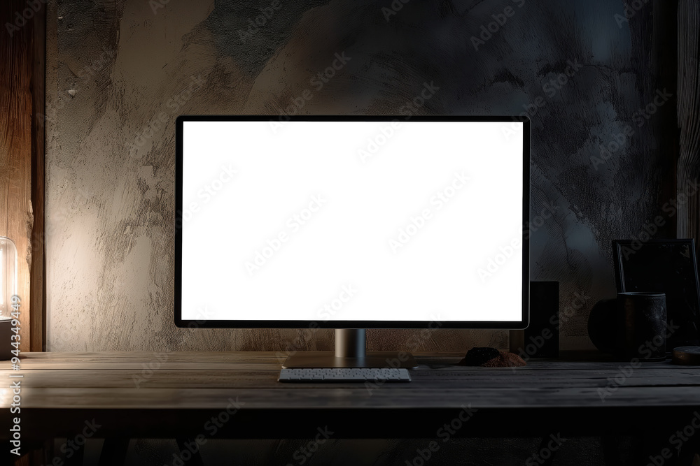 A computer monitor is sitting on a wooden desk, Mockups, Transparent PNG A computer monitor is sitting on a wooden desk, Mockups, Transparent PNG
