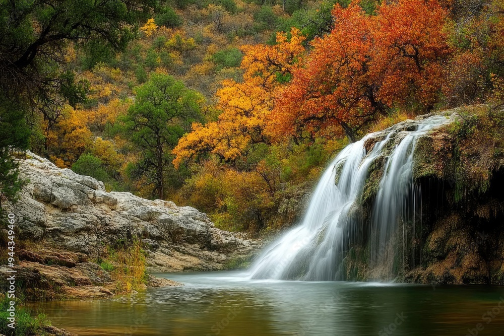 Davis Mountains. Majestic Waterfall in Lush Green Forest Landscape Davis Mountains. Majestic Waterfall in Lush Green Forest Landscape