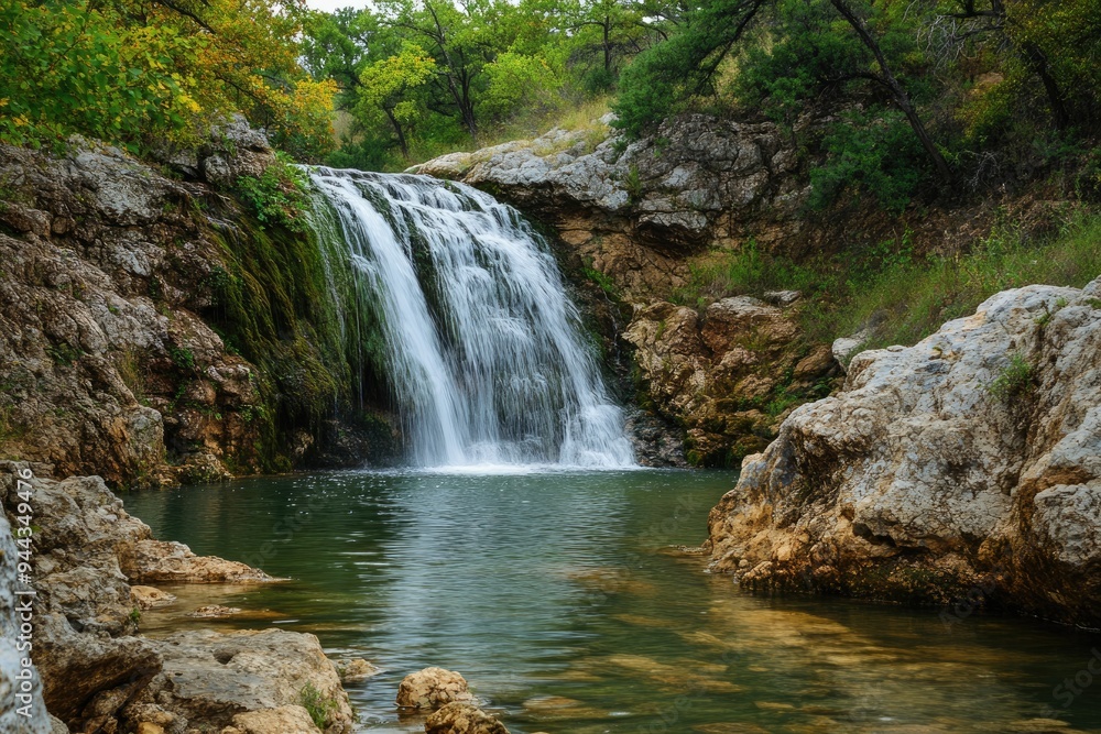 Davis Mountains. Serene Waterfall Cascades Over Rocks in Lush Forest Landscape Davis Mountains. Serene Waterfall Cascades Over Rocks in Lush Forest Landscape
