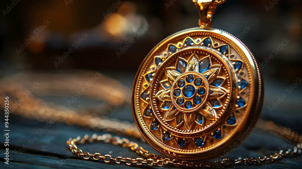 Gold Pendant with Blue Gemstones on Chain Illustration Gold Pendant with Blue Gemstones on Chain Illustration