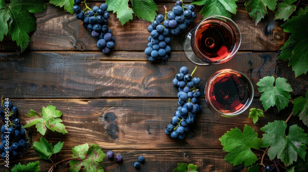 Wine glass fresh grape and wooden background Wine glass fresh grape and wooden background