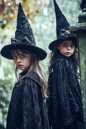 Two young girls dressed as witches with black hats in an eerie forest setting, gazing intently at the camera. photo