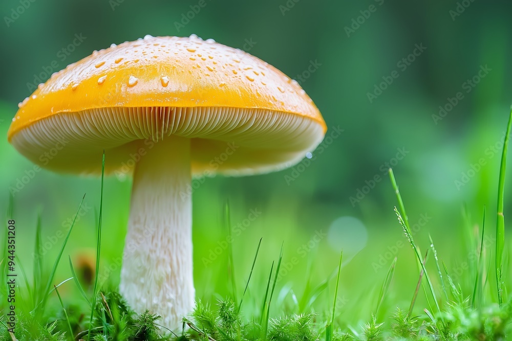 Close-up of a yellow mushroom with tiny dew drops, standing in a lush green grassy field, highlighting nature's beauty. Close-up of a yellow mushroom with tiny dew drops, standing in a lush green grassy field, highlighting nature's beauty.