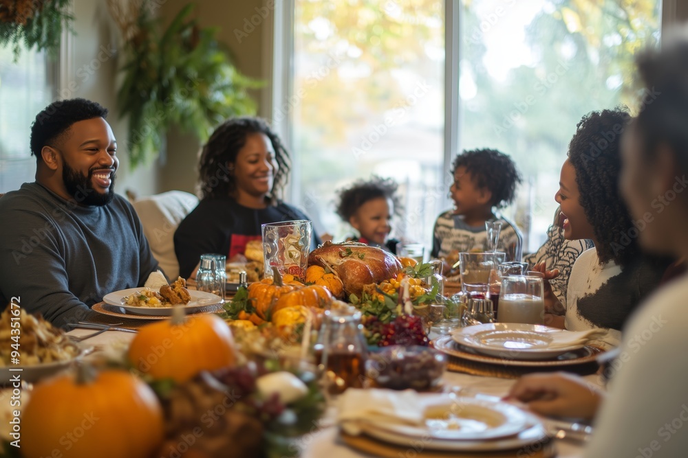 Family gathers around a beautifully set table to celebrate Thanksgiving with delicious food and joyful laughter in a cozy home Family gathers around a beautifully set table to celebrate Thanksgiving with delicious food and joyful laughter in a cozy home