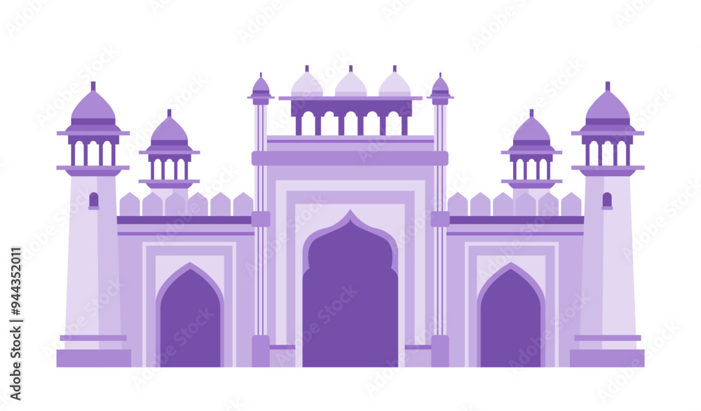 Purple mosque architecture with domes and minarets Islamic building design flat style Purple mosque architecture with domes and minarets Islamic building design flat style