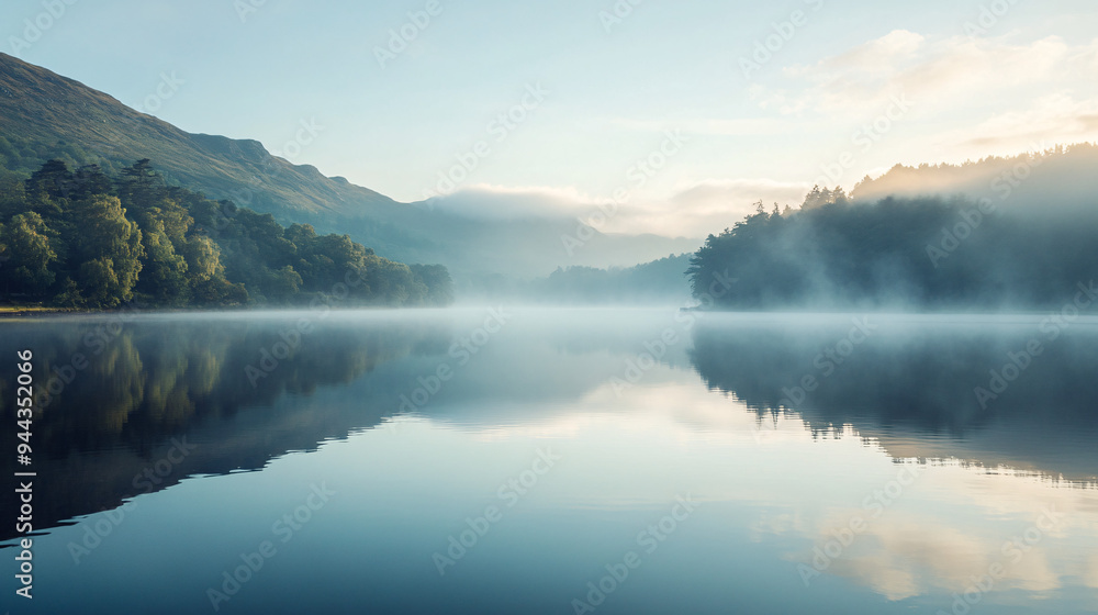 Tranquil lake with mist-covered mountains and dense forest reflecting in calm water, serene natural landscape with soft morning light, peaceful outdoor scenery Tranquil lake with mist-covered mountains and dense forest reflecting in calm water, serene natural landscape with soft morning light, peaceful outdoor scenery