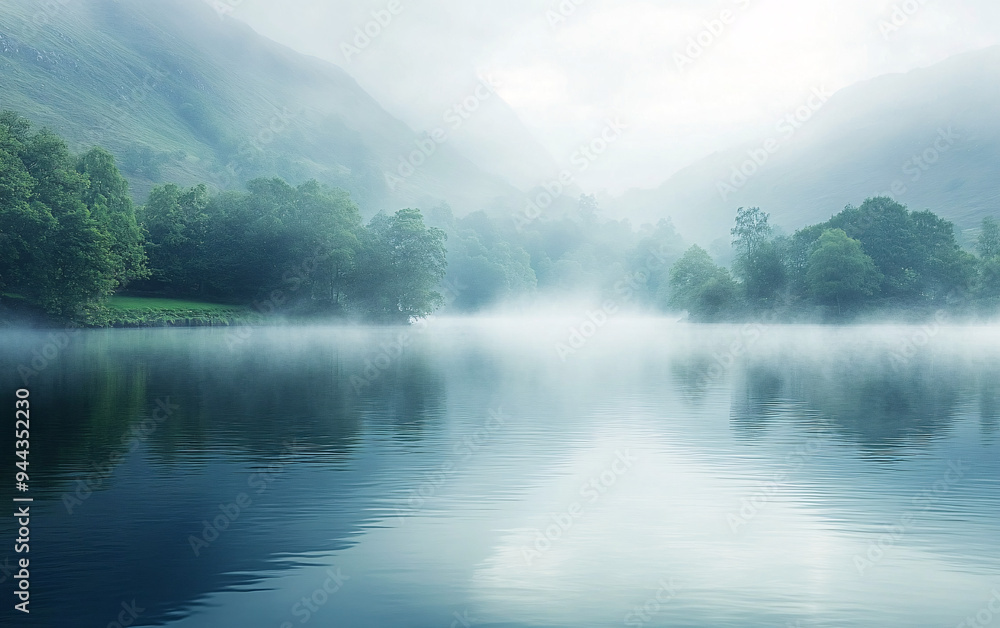 Fototapeta premium Tranquil lake with mist-covered mountains and dense forest reflecting in calm water, serene natural landscape with soft morning light, peaceful outdoor scenery