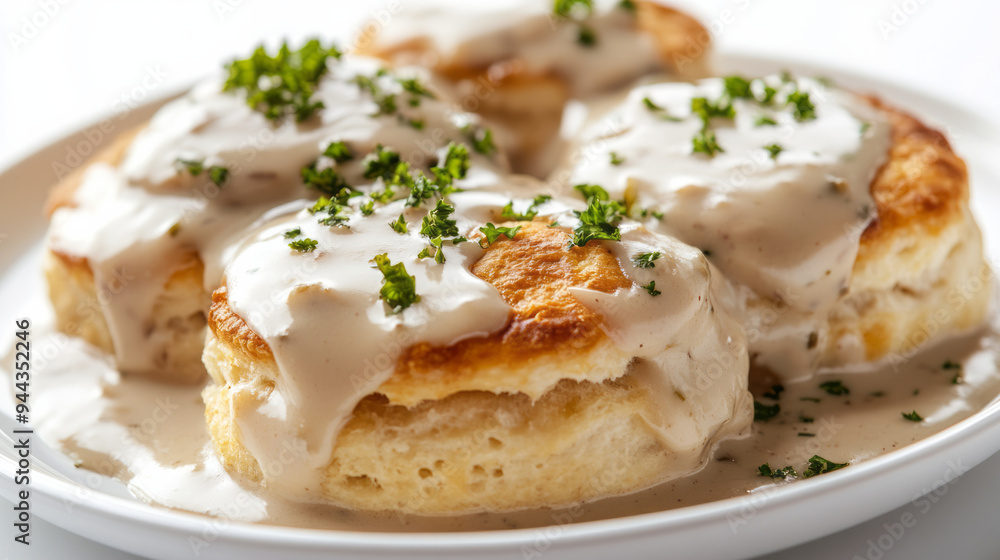 Biscuits and gravy on plate, isolated white background Biscuits and gravy on plate, isolated white background