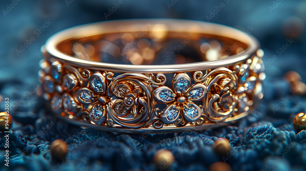 Gold Ring with Blue Gemstones and Floral Design 3D Illustration Gold Ring with Blue Gemstones and Floral Design 3D Illustration