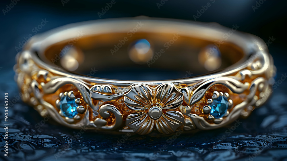 Ornate Gold Ring with Blue Gemstones - 3D Illustration Ornate Gold Ring with Blue Gemstones - 3D Illustration