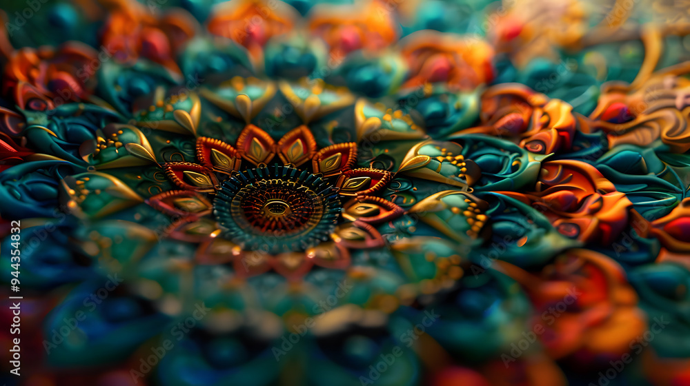 A colorful, intricate design with a gold center. 