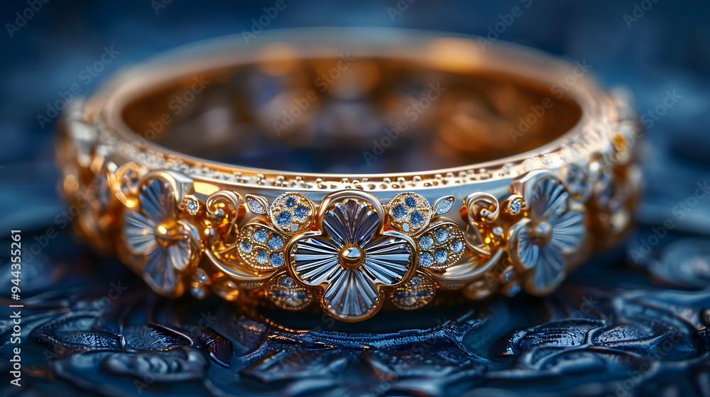 Closeup of a Gold Ring with Diamond Flowers - 3D Illustration Closeup of a Gold Ring with Diamond Flowers - 3D Illustration