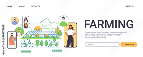 Farming eco-friendly practices concept with people greenhouse plants trees minimalistic style