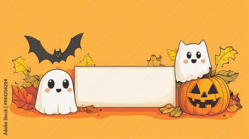 Cute Halloween-themed illustration with ghosts, bats, and pumpkins. Cute Halloween-themed illustration with ghosts, bats, and pumpkins.