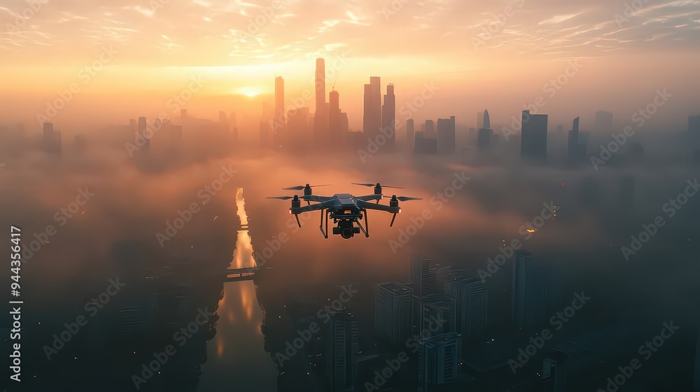 Drone flying over a foggy cityscape at sunrise, capturing a breathtaking aerial view. Drone flying over a foggy cityscape at sunrise, capturing a breathtaking aerial view.