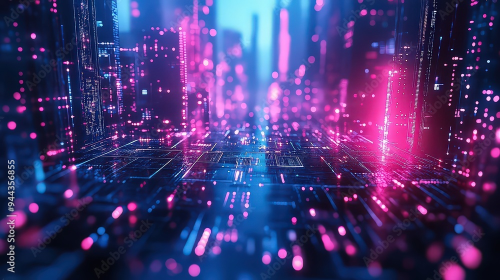 Futuristic cityscape with glowing neon lights and a digital grid. Futuristic cityscape with glowing neon lights and a digital grid.