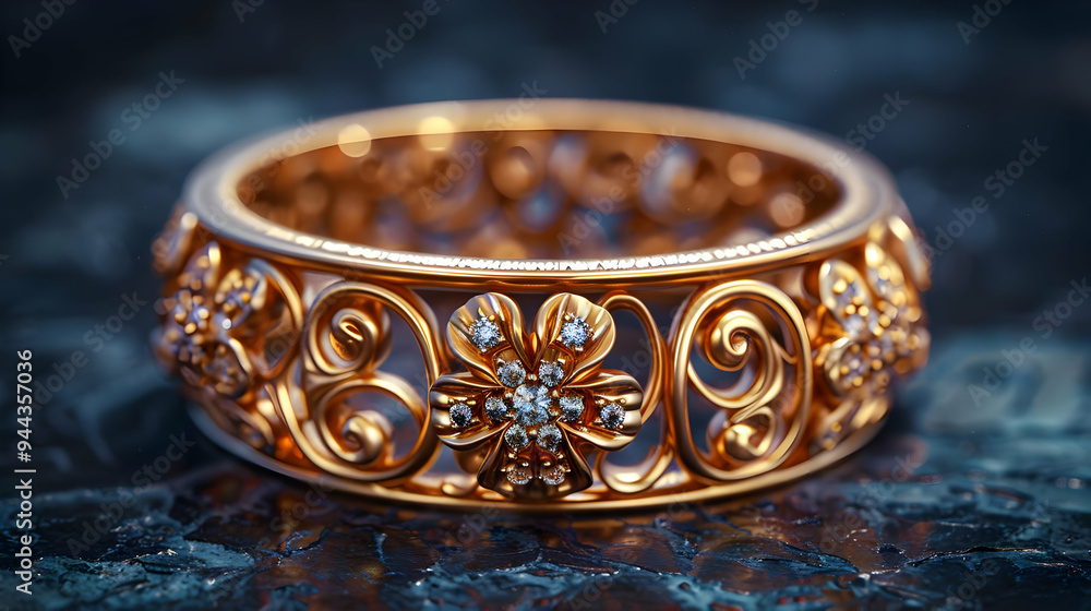 Gold Ring with Floral Design and Diamonds - 3D Illustration Gold Ring with Floral Design and Diamonds - 3D Illustration