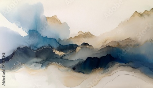 ink and watercolor blot painting with smoke effect an abstract landscape in blue beige and white on a textured wet beige paper background photo