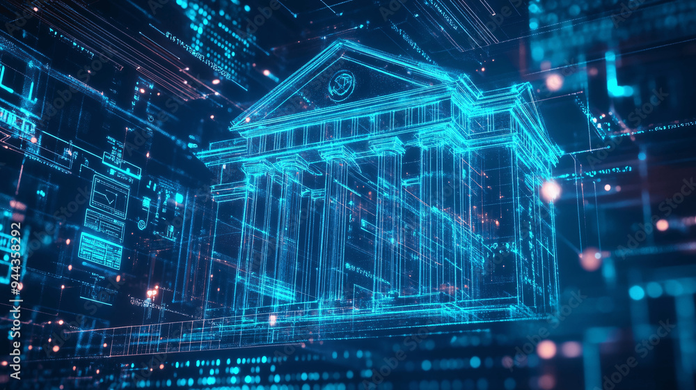 Glowing digital bank icon with abstract futuristic design and lines. Concept of blockchain, digital payments and financial security, Generative AI. Glowing digital bank icon with abstract futuristic design and lines. Concept of blockchain, digital payments and financial security, Generative AI.