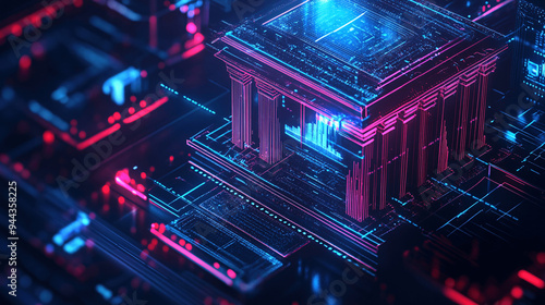 Glowing digital bank icon with abstract futuristic design and lines. Concept of blockchain, digital payments and financial security, Generative AI.