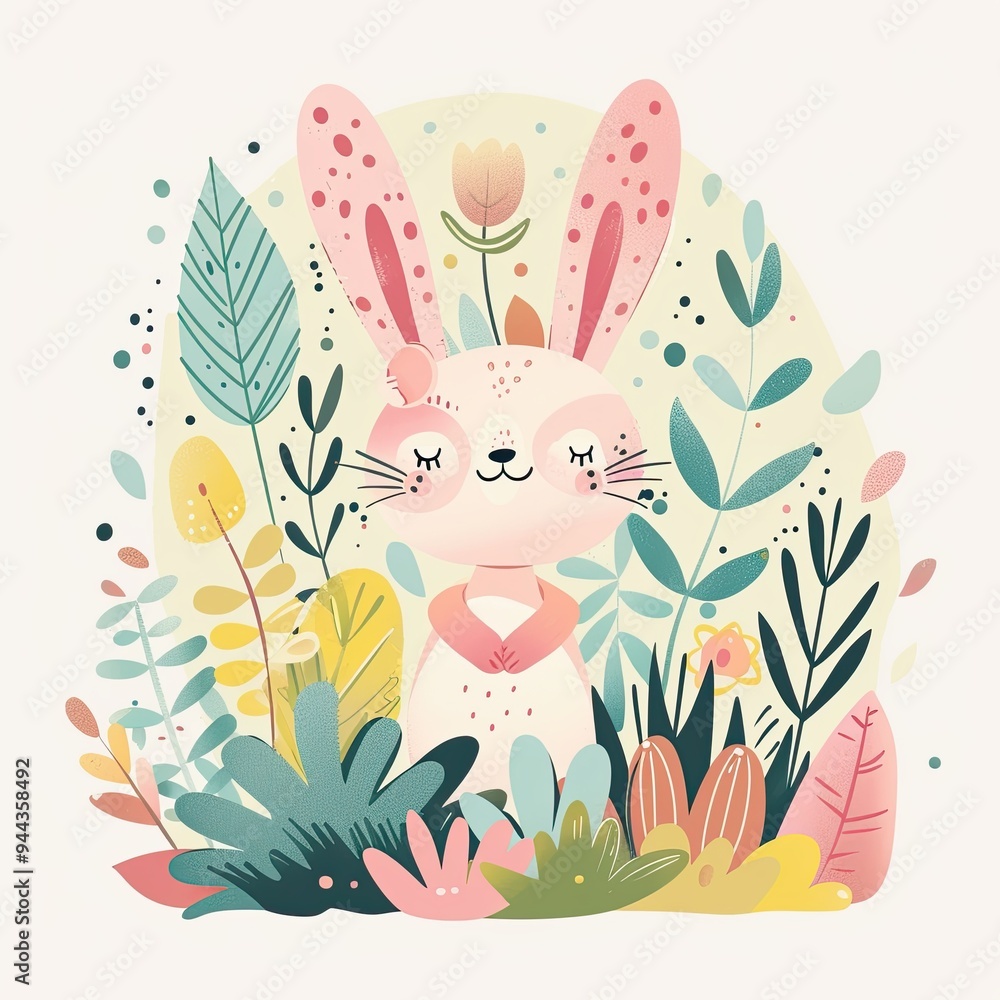 Rabbit sitting in a clearing. Different grassy plants and flowers grow in the field. Plot in drawn style. Image for decoration of children's books, cards, print, etc. Rabbit sitting in a clearing. Different grassy plants and flowers grow in the field. Plot in drawn style. Image for decoration of children's books, cards, print, etc.