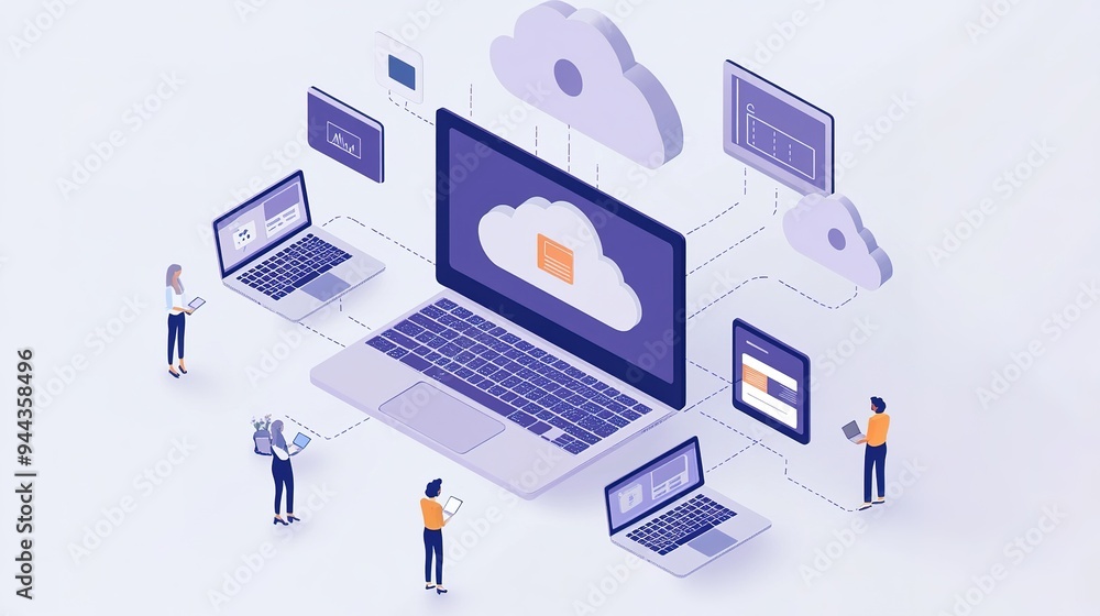 Obraz premium A user accessing cloud-based applications and storage from multiple devices, all synchronized in real-time.